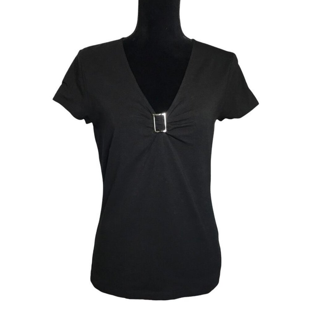 Jones New York Buckle Front Top in Black - Size Medium